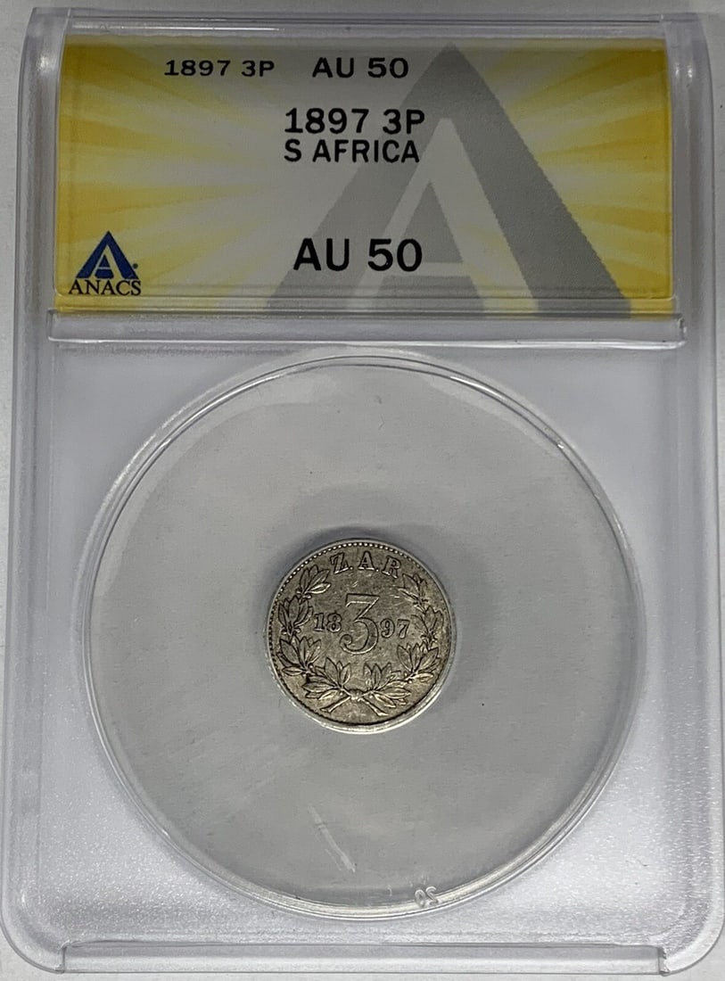 1897 Silver 3 Pence South Africa Coin ANACS AU 50 Certified: 1897 Silver 3 Pence South Africa Coin ANACS AU 50 Certified This is a 1897 South Africa 3 Pence coin, composed of silver. The coin is graded AU 50 by ANACS and is in pre-owned condition. Specification