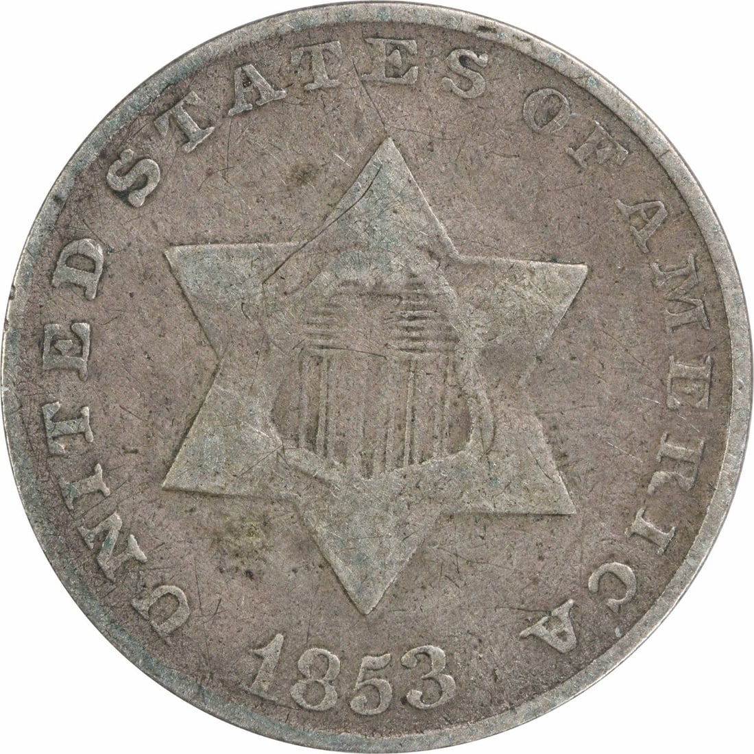 1853 Three Cent Silver Coin Uncertified Philadelphia Mint: 1853 Three Cent Silver Coin Uncertified Philadelphia Mint This 1853 Three Cent Silver coin, originating from the United States, features a grade of Fine (F) and was minted in Philadelphia. The coin is
