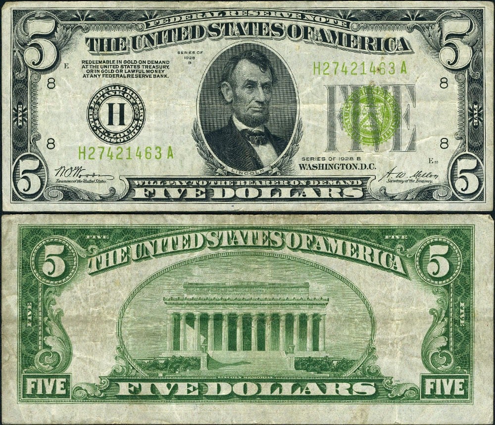 1928-B $5 St Louis Federal Reserve Note H-A Block Light Green Seal VF: 1928-B $5 St Louis Federal Reserve Note H-A Block Light Green Seal VF This is a 1928-B $5 Federal Reserve Note from St. Louis, featuring the H-A Block and Light Green Seal variety on the Gold Demand c