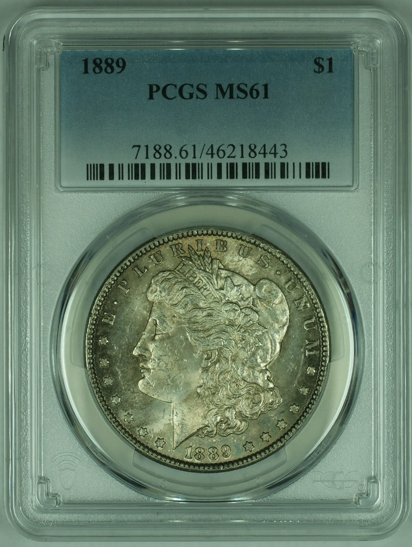 PCGS MS-61 1889 Morgan Dollar Silver Coin With Toning: PCGS MS-61 1889 Morgan Dollar Silver Coin With Toning This 1889 Morgan Silver Dollar was struck in Philadelphia and is composed of .900 fine silver. Certified by PCGS with a grade of MS-61, the coin f