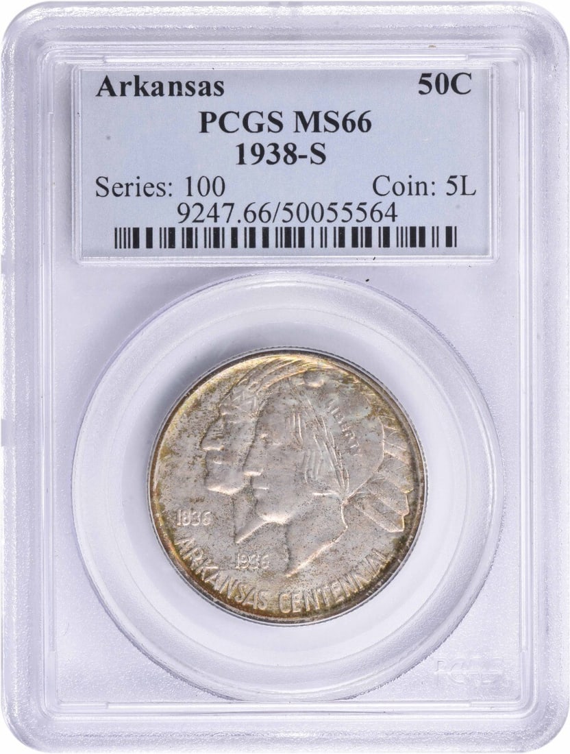 1938-S Arkansas Commemorative Half Dollar MS66 PCGS 90% Silver: 1938-S Arkansas Commemorative Half Dollar MS66 PCGS 90% Silver This 1938-S Arkansas Commemorative Half Dollar is a remarkable piece of numismatic history, certified by PCGS with a grade of MS66. Struc