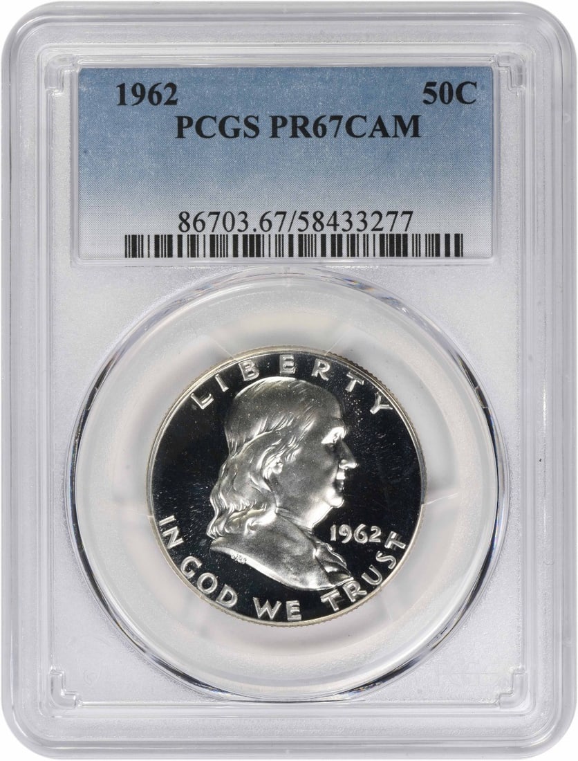 Proof 1962 Silver Franklin Half Dollar PCGS PR67CAM: Proof 1962 Silver Franklin Half Dollar PCGS PR67CAM This is a 1962 Franklin Half Dollar graded PR67CAM by PCGS. The coin is uncirculated and features a proof strike. Composed of silver, it was minted 