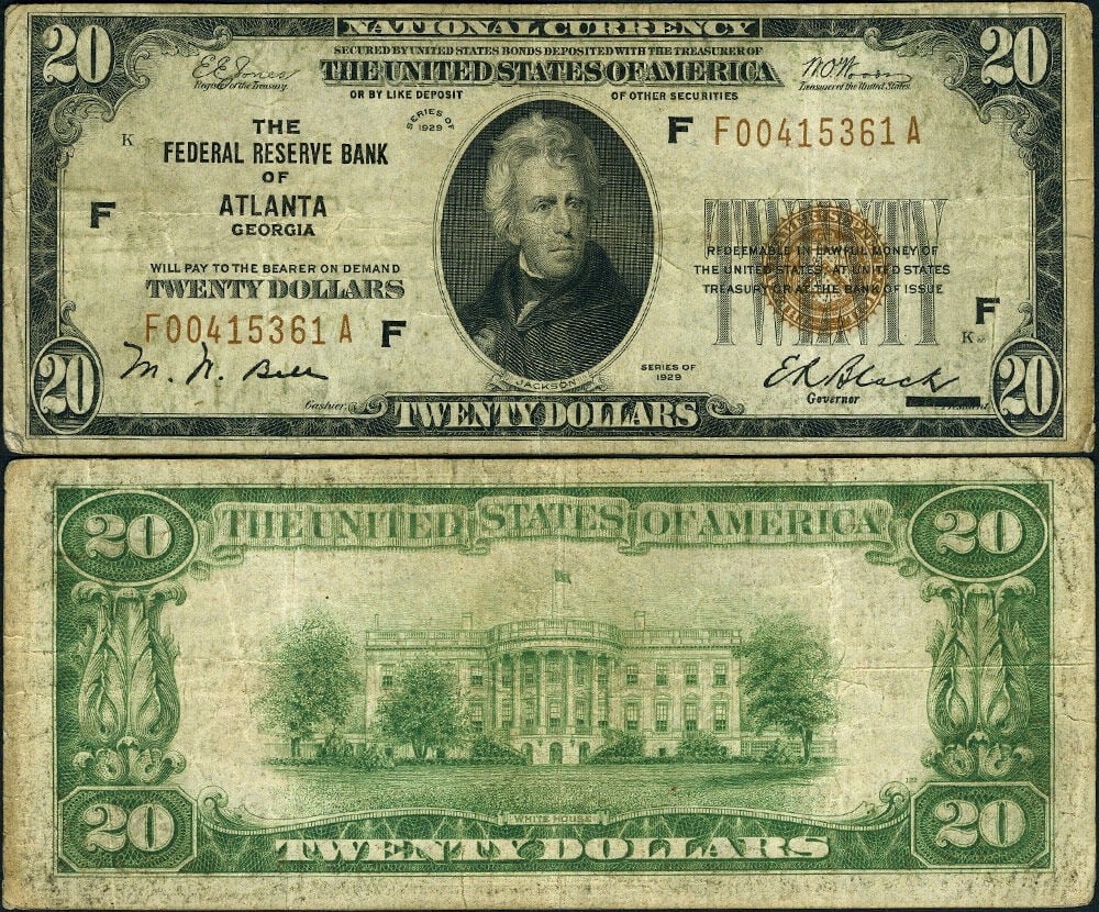 1929 $20 Federal Reserve Bank Note Atlanta F-A Block Fine Grade: 1929 $20 Federal Reserve Bank Note Atlanta F-A Block Fine Grade This $20 1929 Federal Reserve Bank Note from Atlanta is an FR. 1870 F series, featuring a brown seal and F-A block designation. The note
