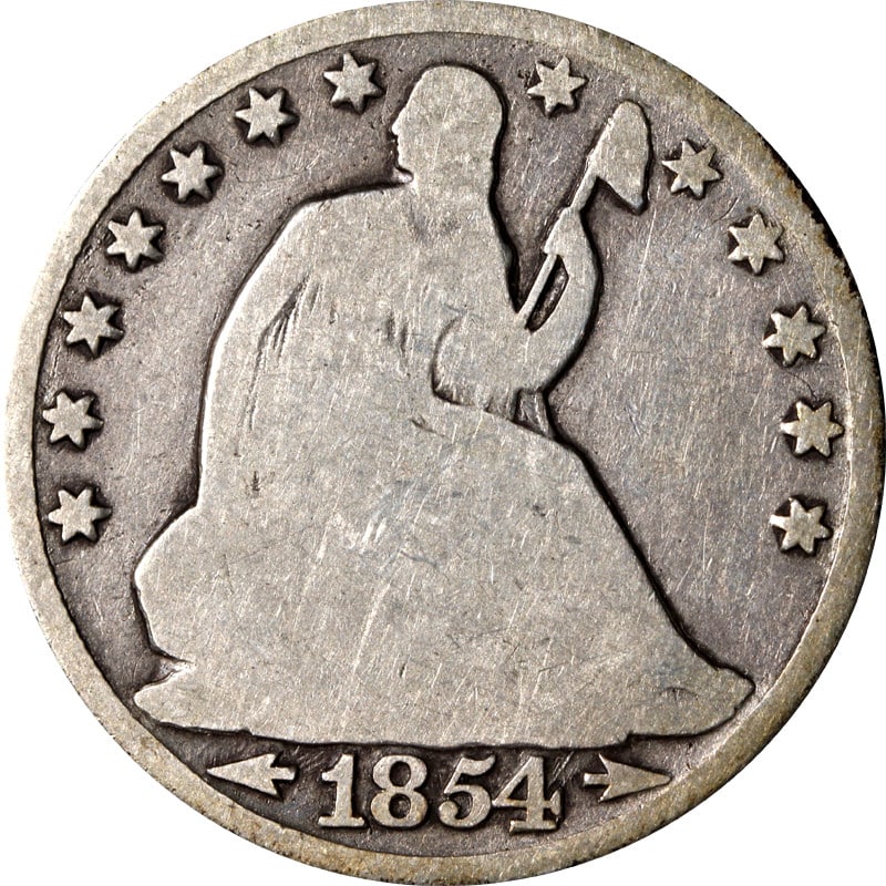1854 New Orleans Mint Silver Half Dollar United States Coin: 1854 New Orleans Mint Silver Half Dollar United States Coin This 1854-O Seated Half Dollar is a pre-owned, circulated coin minted in New Orleans. It is composed of silver with a fineness of 0.9 and or