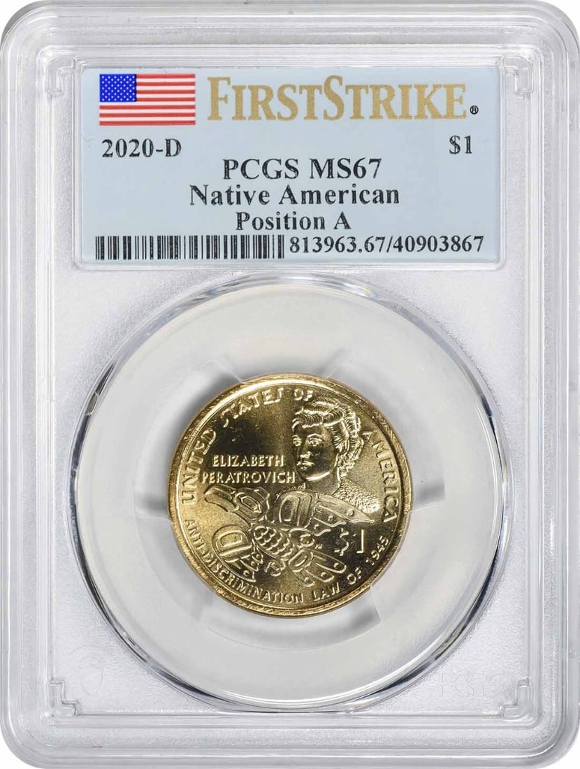 2020-D Sacagawea Dollar MS67 First Strike PCGS Uncirculated: 2020-D Sacagawea Dollar MS67 First Strike PCGS Uncirculated This 2020-D Native American Sacagawea Dollar is a remarkable piece, certified by PCGS with a grade of MS67. It is uncirculated, showcasing i