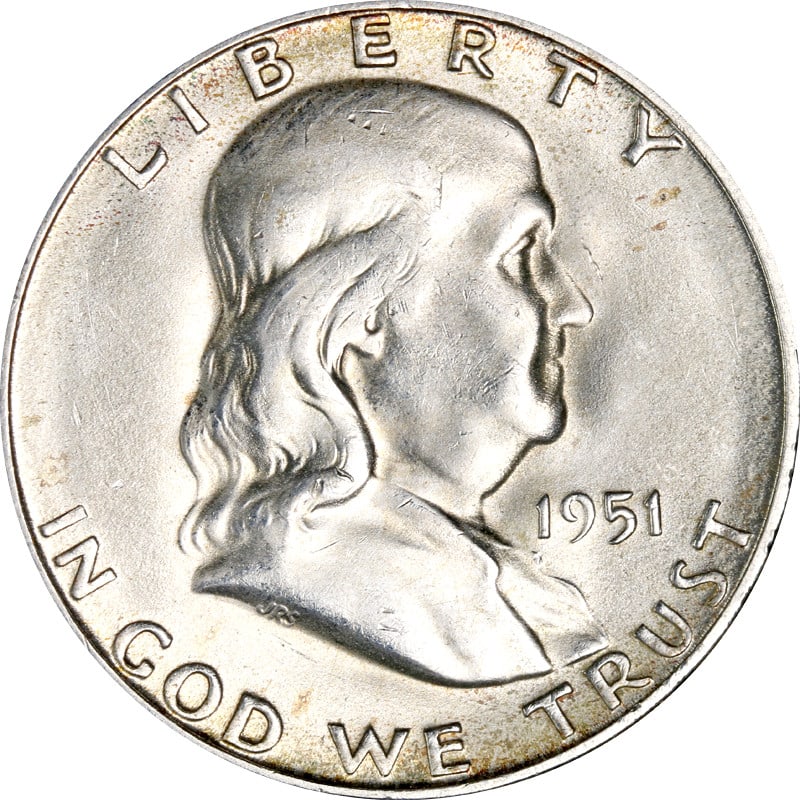 1951 San Francisco Mint Silver Franklin Half Dollar Coin: 1951 San Francisco Mint Silver Franklin Half Dollar Coin This is a 1951-S Franklin Half Dollar, struck at the San Francisco Mint. The coin is composed of silver with a fineness of 0.9 and is in circul