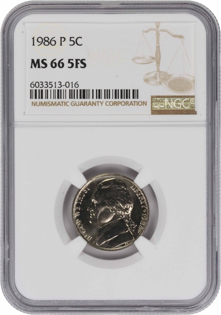 1986 Philadelphia Jefferson Nickel MS66 Five Full Steps NGC Certified: 1986 Philadelphia Jefferson Nickel MS66 Five Full Steps NGC Certified This 1986-P Jefferson Nickel is graded MS66 5FS by NGC. The coin is uncirculated and features the classic design by Felix Schlag. 