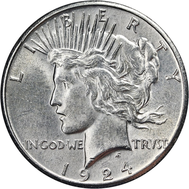 1924 San Francisco Peace Silver Dollar Brilliant Uncirculated: 1924 San Francisco Peace Silver Dollar Brilliant Uncirculated This 1924-S Peace Dollar is an uncirculated coin featuring impressive eye appeal, vibrant luster, and a strong strike. The coin is compose