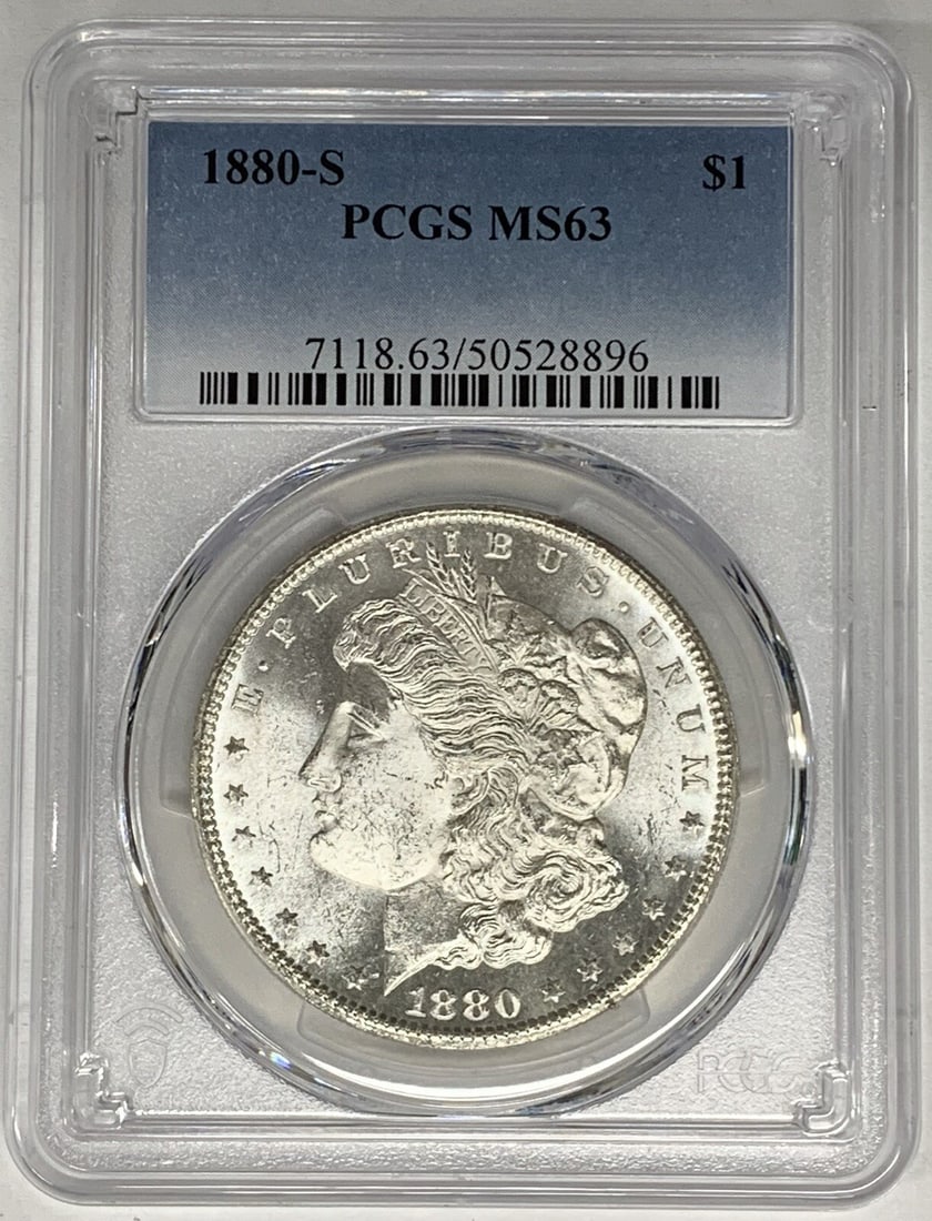 PCGS Certified 1880-S Morgan Silver Dollar MS 63 Uncirculated $1 Coin: PCGS Certified 1880-S Morgan Silver Dollar MS 63 Uncirculated $1 Coin This 1880-S Morgan Silver Dollar is certified by PCGS with an MS 63 grade, indicating uncirculated condition. Minted in the United