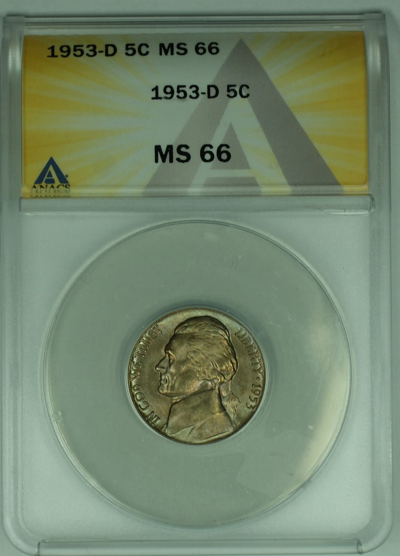 ANACS MS 66 1953-D Jefferson Nickel with Toning 5C Uncirculated: ANACS MS 66 1953-D Jefferson Nickel with Toning 5C Uncirculated This is a 1953-D Jefferson Nickel with a 5-cent denomination from the United States. The coin is uncirculated and has been professionall