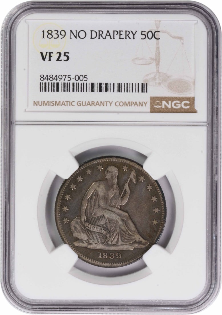 1839 Seated Liberty Half Dollar VF25 Graded by NGC: 1839 Seated Liberty Half Dollar VF25 Graded by NGC This 1839 Liberty Seated Half Dollar, graded VF25 by NGC, features the No Drapery variety. Struck in Philadelphia, this pre-owned coin is composed of