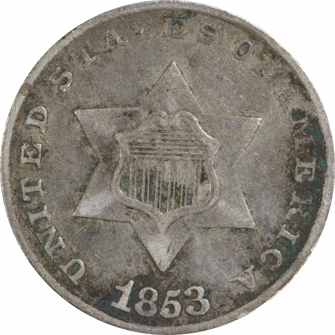 1853 Three Cent Silver Coin F Uncertified Philadelphia Mint: 1853 Three Cent Silver Coin F Uncertified Philadelphia Mint This 1853 Three Cent Silver coin is a notable piece of American numismatic history, featuring a design by James Barton Longacre. Struck in P