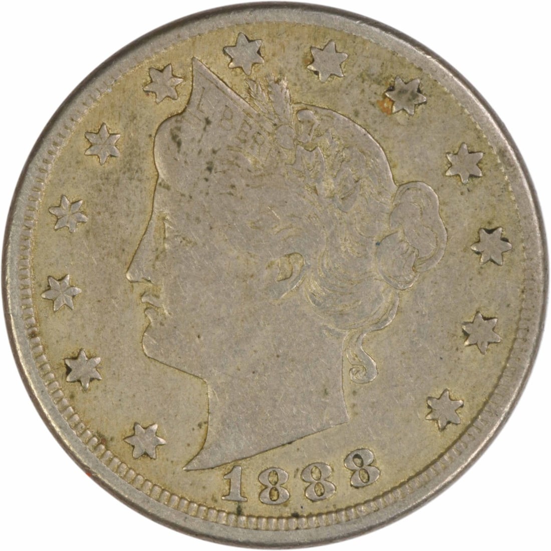 1888 United States Liberty Nickel Five Cent Coin Philadelphia Barber Design: 1888 United States Liberty Nickel Five Cent Coin Philadelphia Barber Design This 1888 Liberty Nickel is a circulated coin from the United States, designed by Charles E. Barber. It features a compositi