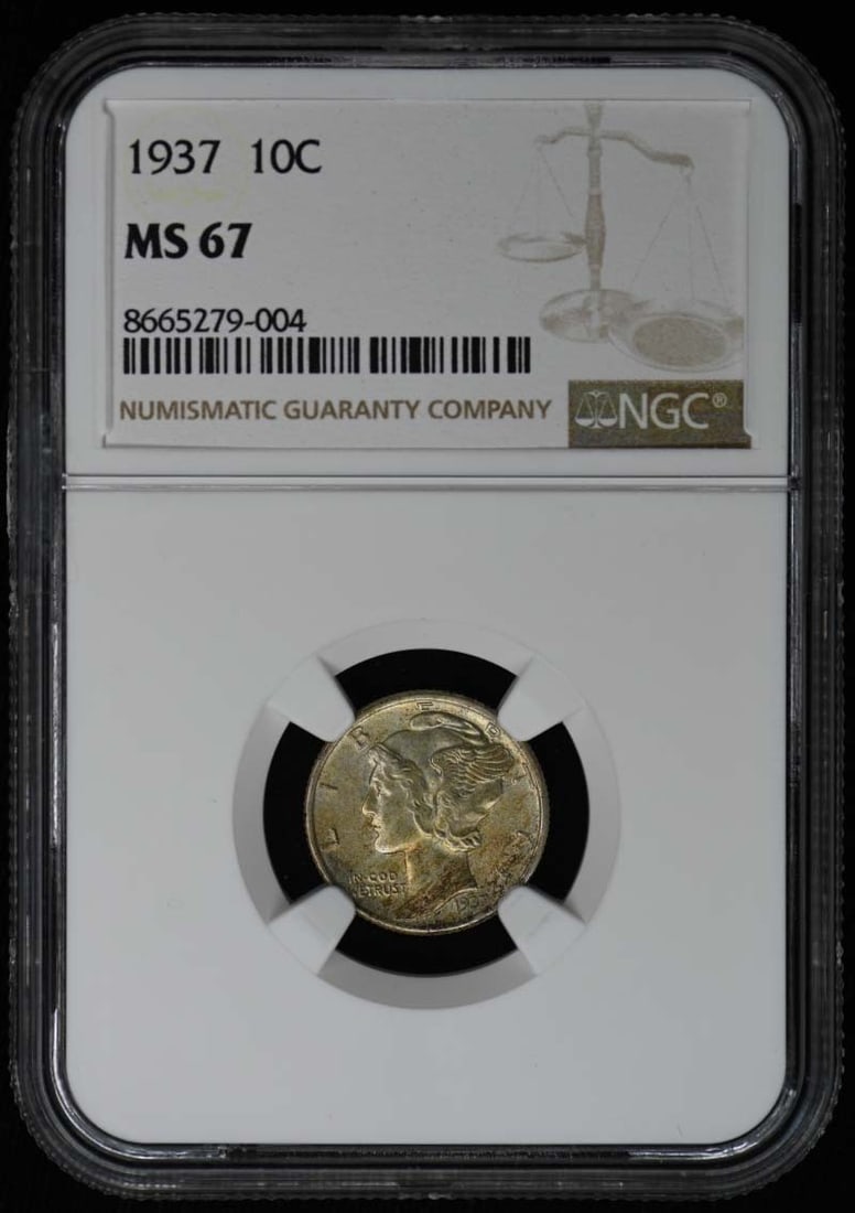 NGC Certified 1937 Mercury Dime MS67 Uncirculated 10 Cent Coin: NGC Certified 1937 Mercury Dime MS67 Uncirculated 10 Cent Coin This is a 1937 Mercury Dime graded MS67 by NGC. The coin is uncirculated and was minted in Philadelphia. It is a Mercury Dime denominatio