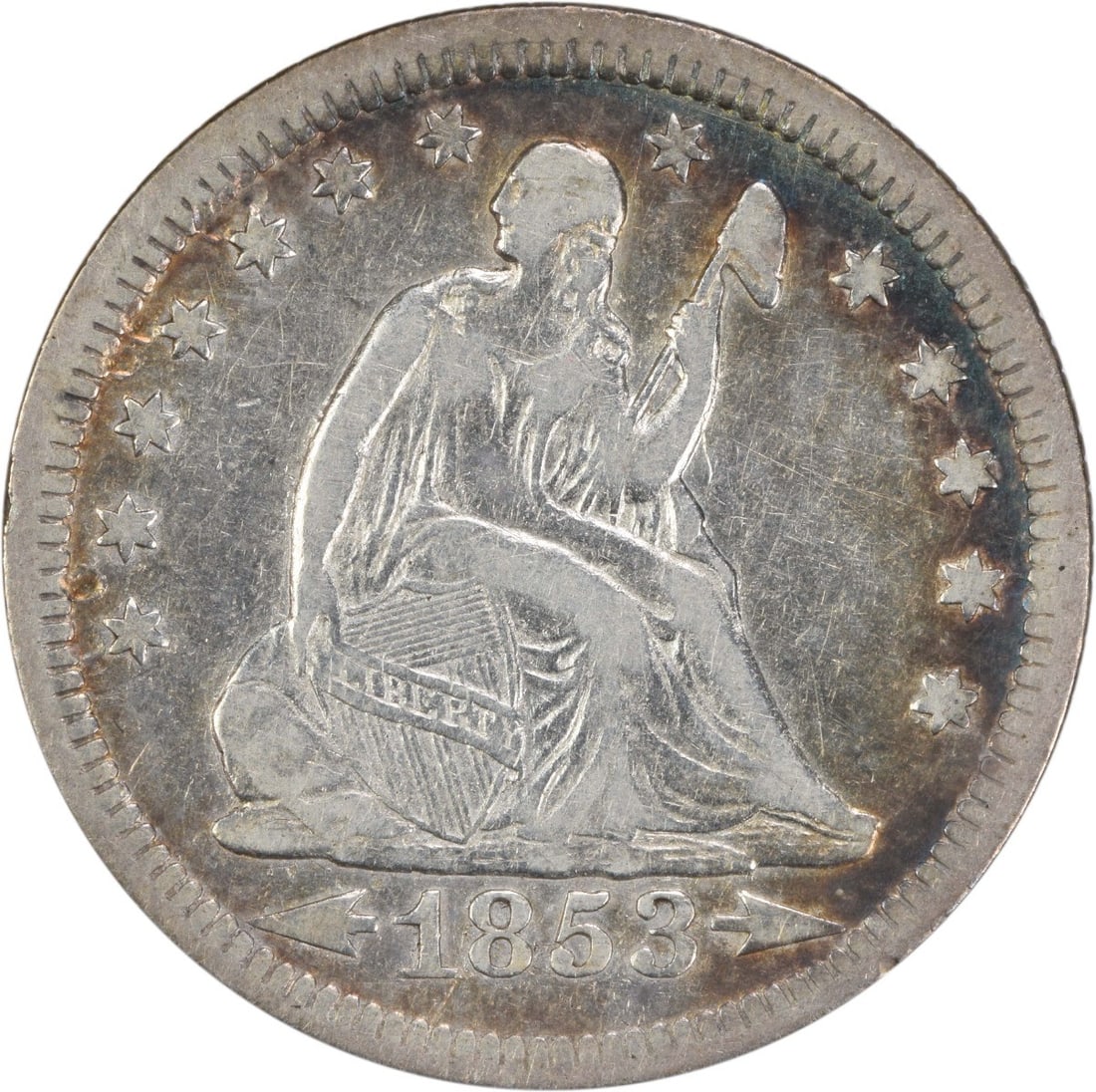 1853 Liberty Seated Silver Quarter 90% Silver VF Uncertified: 1853 Liberty Seated Silver Quarter 90% Silver VF Uncertified This 1853 Liberty Seated Silver Quarter features the classic design by Robert Ball Hughes and Christian Gobrecht. It is a circulated coin f