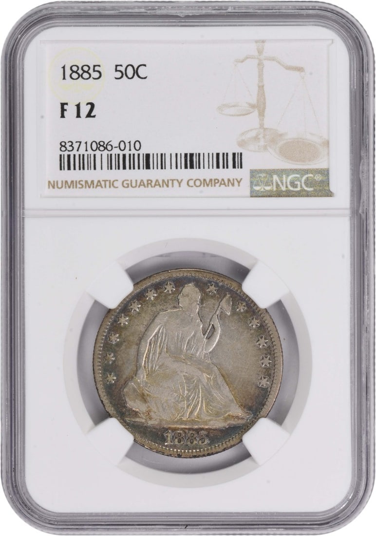 1885 Liberty Seated Half Dollar 50C NGC Certified Silver Coin: 1885 Liberty Seated Half Dollar 50C NGC Certified Silver Coin This 1885 Liberty Seated Silver Half Dollar is a remarkable piece of American numismatic history. Graded F12 by NGC, this circulated coin 