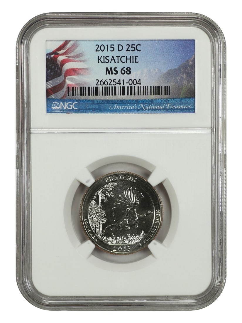 2015-D 25C Kisatchie NP NGC MS68 Type 1 Clad Coin: 2015-D 25C Kisatchie NP NGC MS68 Type 1 Clad Coin This 2015-D 25 Cent coin from Kisatchie National Park is a stunning piece graded MS68 by NGC, indicating its exceptional quality. It is an uncirculate