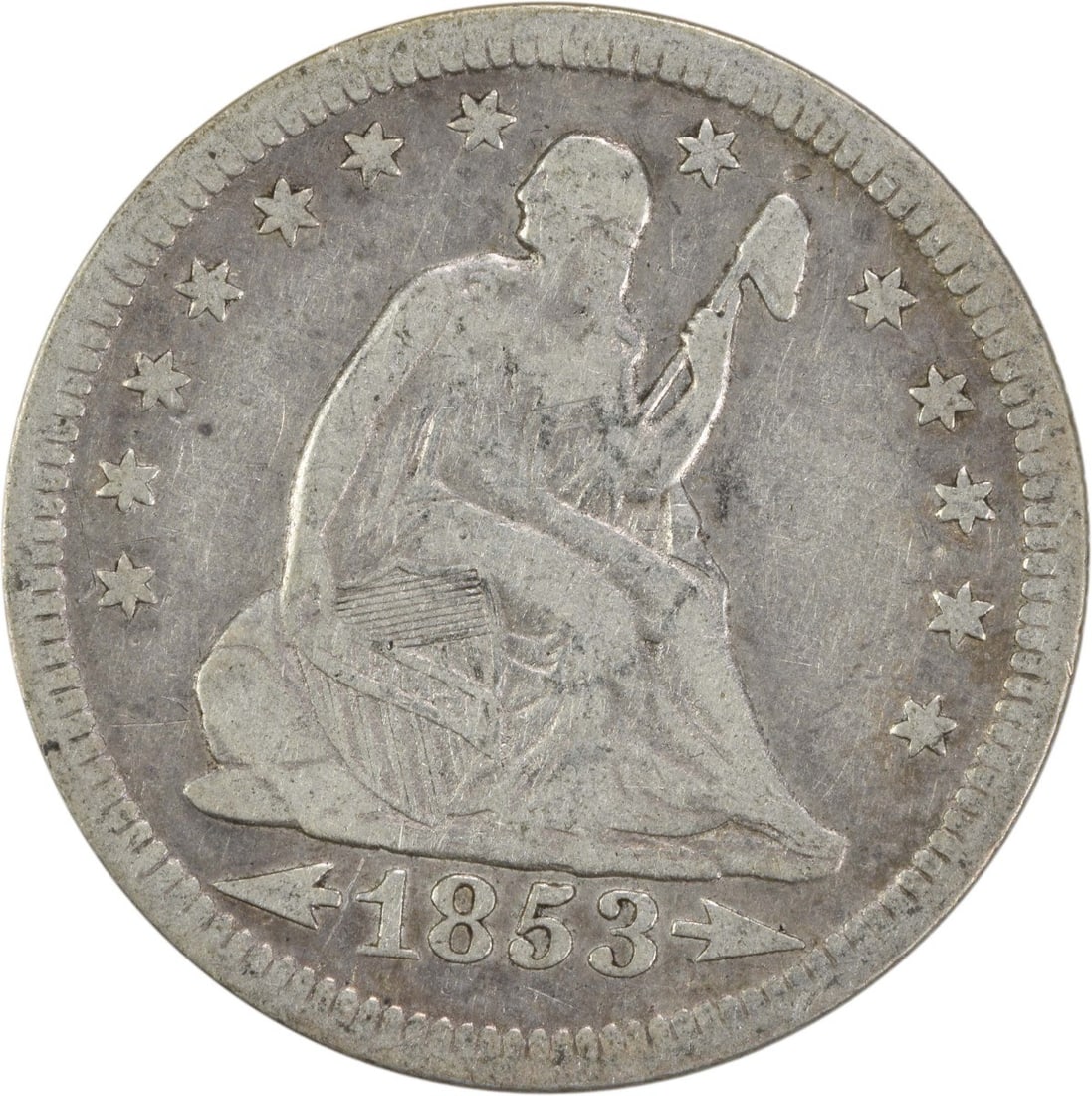 1853 Liberty Seated Silver Quarter Arrows Rays VF Uncertified: 1853 Liberty Seated Silver Quarter Arrows Rays VF Uncertified This 1853 Liberty Seated Silver Quarter features the Arrows and Rays design and is graded as VF (Very Fine). Minted in Philadelphia, this 