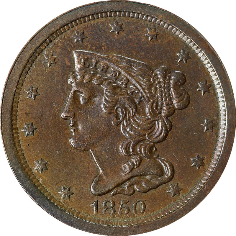 1850 Copper Half Cent Key Date C-1 R.2 AU/BU Strong Strike: 1850 Copper Half Cent Key Date C-1 R.2 AU/BU Strong Strike This 1850 Half Cent features a captivating eye appeal with remarkable luster and a strong strike. It is classified as Choice AU/BU, making it