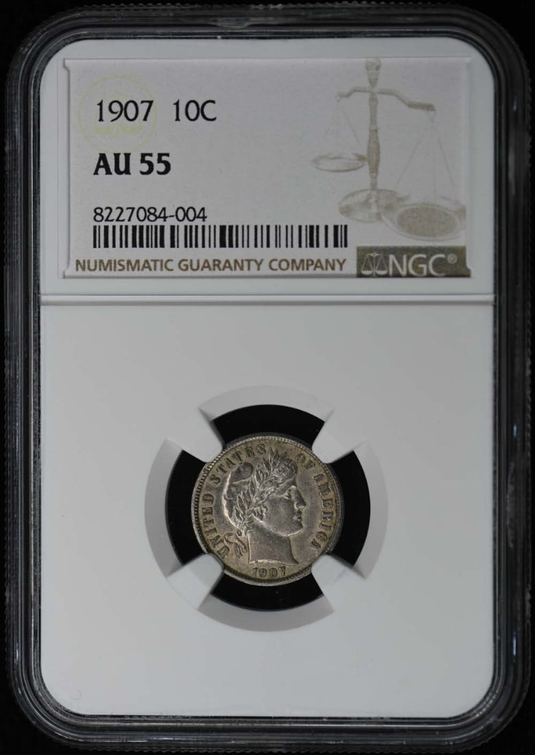 1907 Barber Dime 10C NGC AU55 Certified Coin: 1907 Barber Dime 10C NGC AU55 Certified Coin This 1907 Barber Dime, graded AU55 by NGC, is a remarkable piece of numismatic history. Displaying the classic design of the Barber series, this coin was m