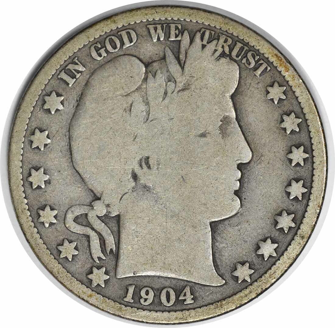 1904-S Barber Half Dollar 50C Uncertified Silver Coin San Francisco: 1904-S Barber Half Dollar 50C Uncertified Silver Coin San Francisco This 1904-S Barber Silver Half Dollar showcases a rich history and craftsmanship. Designed by Charles E. Barber, this coin features 