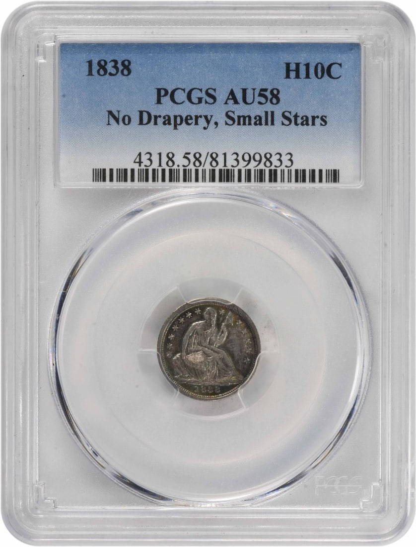 1838 Liberty Seated Half Dime AU58 PCGS Silver Coin: 1838 Liberty Seated Half Dime AU58 PCGS Silver Coin This 1838 Liberty Seated Silver Half Dime is a remarkable piece of numismatic history. Graded AU58 by PCGS, this coin features the iconic seated lib