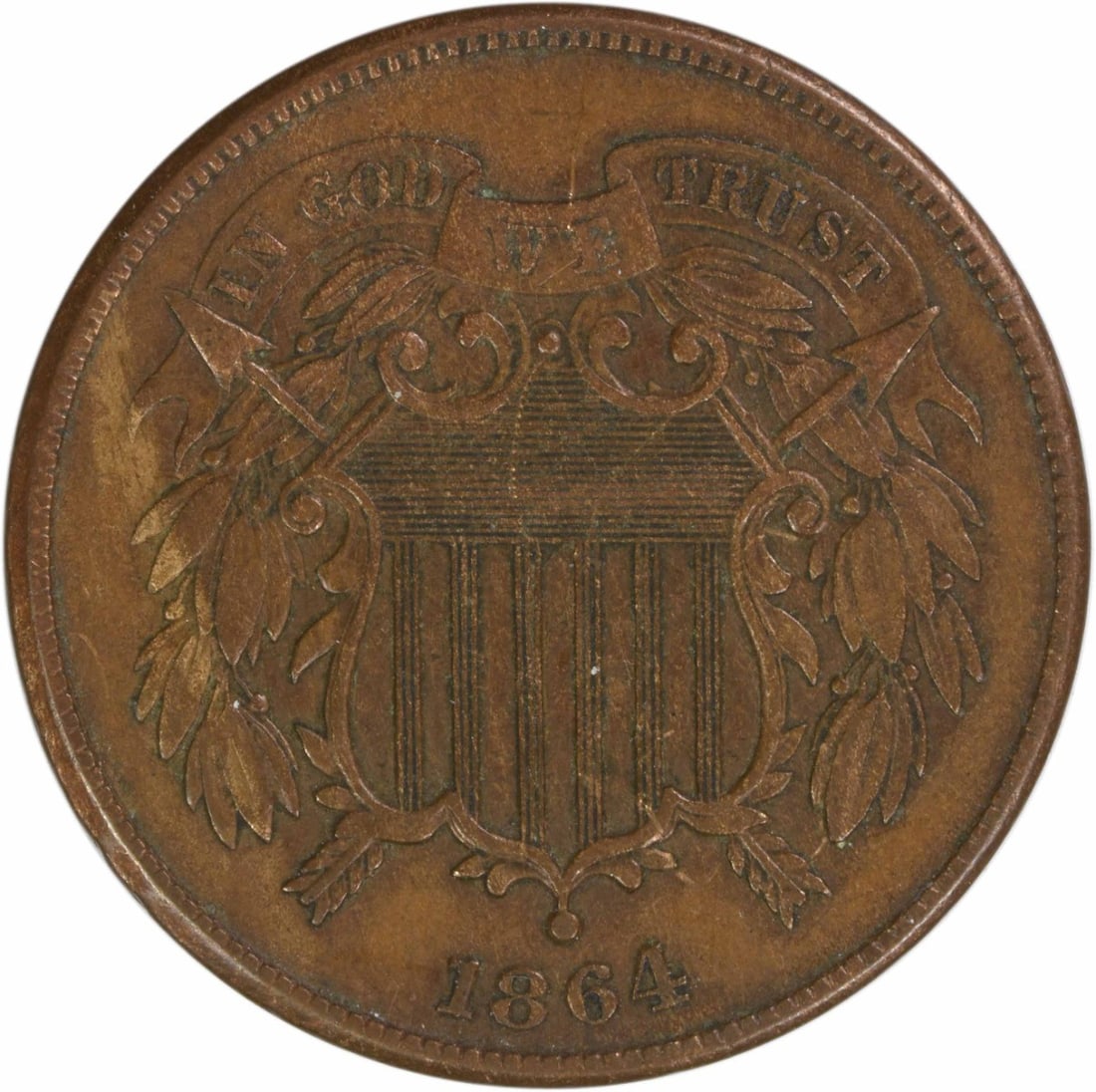 1864 United States Two Cent Bronze Coin Large Motto EF Uncertified: 1864 United States Two Cent Bronze Coin Large Motto EF Uncertified This 1864 Two Cent Piece features the Large Motto variety and is graded Extremely Fine (EF). Minted in Philadelphia, it is composed o