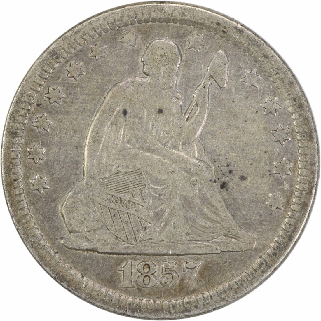 1857 Liberty Seated Silver Quarter VF Uncertified 25C Philadelphia: 1857 Liberty Seated Silver Quarter VF Uncertified 25C Philadelphia This 1857 Liberty Seated Silver Quarter is a remarkable piece of American coinage, showcasing the artistry of designers Robert Ball H