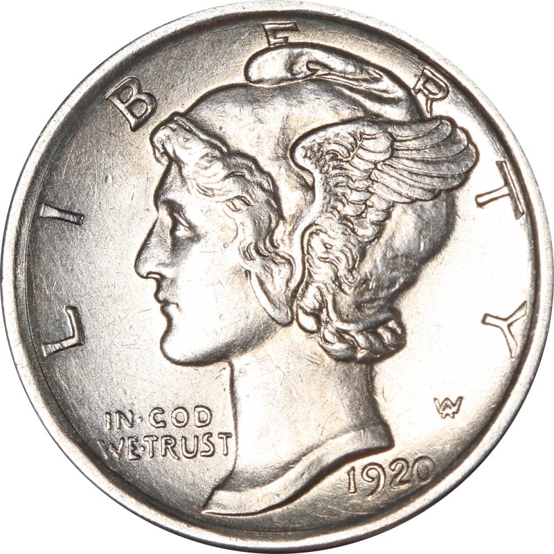 1920 Denver Mint Silver Mercury Dime United States Coin: 1920 Denver Mint Silver Mercury Dime United States Coin This is a 1920-D Mercury Dime from the United States. The coin is composed of silver with a fineness of 0.9 and was minted in Denver. It is circ