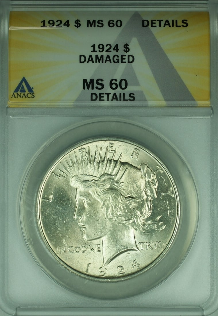 1924 Peace Dollar Silver Coin ANACS MS-60 Details Damaged: 1924 Peace Dollar Silver Coin ANACS MS-60 Details Damaged This 1924 Peace Silver Dollar features a $1 denomination and is composed of silver. Graded ANACS MS-60 Details-Damaged, it was minted in Phila