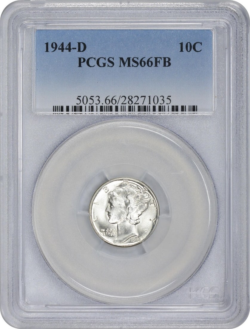 1944-D Mercury Dime MS66FB PCGS Uncirculated Silver Coin: 1944-D Mercury Dime MS66FB PCGS Uncirculated Silver Coin This 1944-D Mercury Silver Dime is a stunning piece, graded MS66FB by PCGS, ensuring its uncirculated condition. Struck in Denver, this coin bo