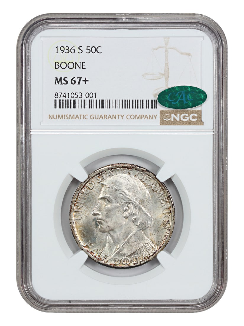 Boone 1936-S Half Dollar NGC CAC MS67 Plus Classic Silver Commemorative Coin: Boone 1936-S Half Dollar NGC CAC MS67 Plus Classic Silver Commemorative Coin This 1936-S 50C Boone Classic Silver Commemorative coin is graded MS67+ by NGC and features CAC approval. Issued by the San