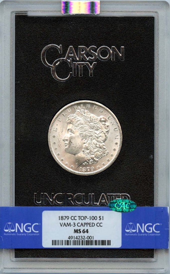 1879-CC Morgan Dollar VAM-3 NGC MS64 CAC Certified Coin: 1879-CC Morgan Dollar VAM-3 NGC MS64 CAC Certified Coin This 1879-CC Morgan Dollar is a remarkable example from the Carson City mint, graded MS64 by NGC with a CAC designation, ensuring its premium qu