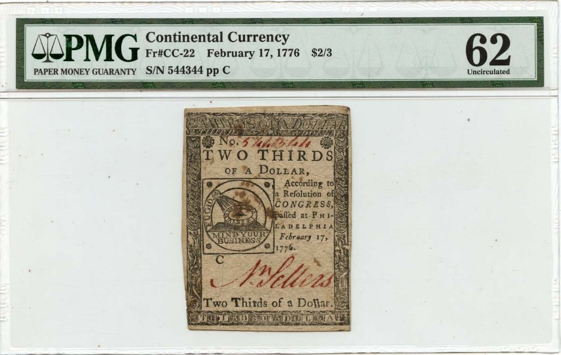 February 17 1776 $2/3 Continental Note FR CC-22 PMG MS62 Uncirculated: February 17 1776 $2/3 Continental Note FR CC-22 PMG MS62 Uncirculated This is a February 17, 1776 Continental Currency $2/3 note from the United States, graded PMG Uncirculated 62. This historic piece