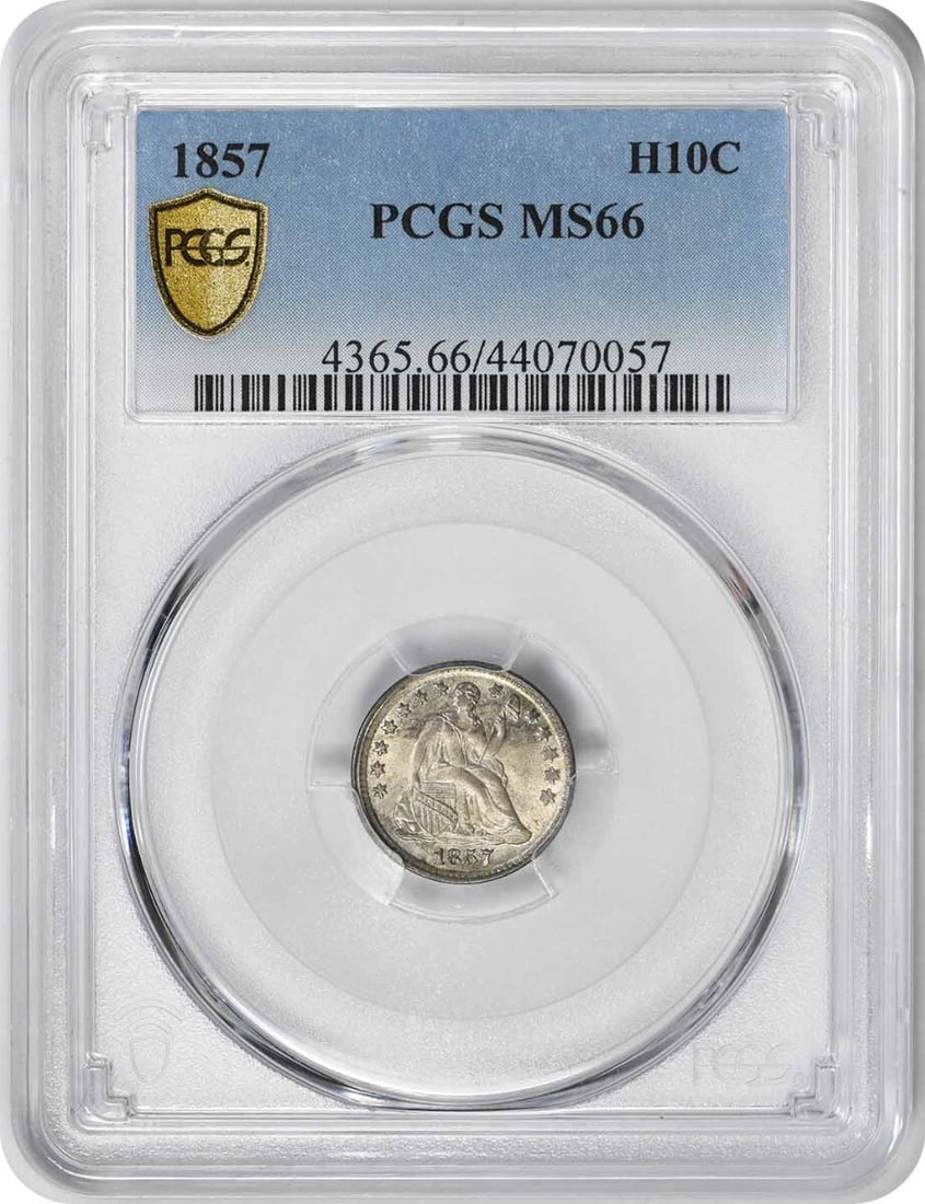 PCGS MS66 1857 Seated Half Dime Silver Coin Uncirculated: PCGS MS66 1857 Seated Half Dime Silver Coin Uncirculated This is an 1857 Liberty Seated Silver Half Dime graded MS66 by PCGS. The coin is uncirculated and composed of silver, featuring the iconic Libe
