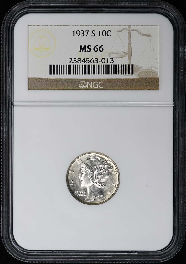 NGC MS66 1937 San Francisco Mercury Dime Ten Cent Coin: NGC MS66 1937 San Francisco Mercury Dime Ten Cent Coin This 1937-S Mercury Dime is certified by NGC with a grade of MS66. Struck at the San Francisco Mint, this uncirculated coin features the classic 