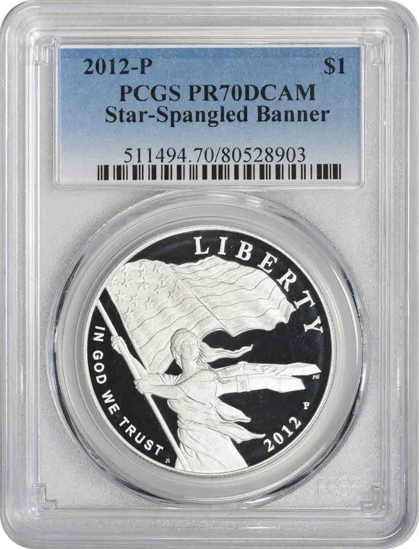2012-P Star-Spangled Banner Silver Dollar PR70DCAM PCGS Commemorative: 2012-P Star-Spangled Banner Silver Dollar PR70DCAM PCGS Commemorative This 2012-P Star-Spangled Banner Silver Commemorative Dollar is a stunning piece, certified by PCGS with a perfect grade of PR70DC