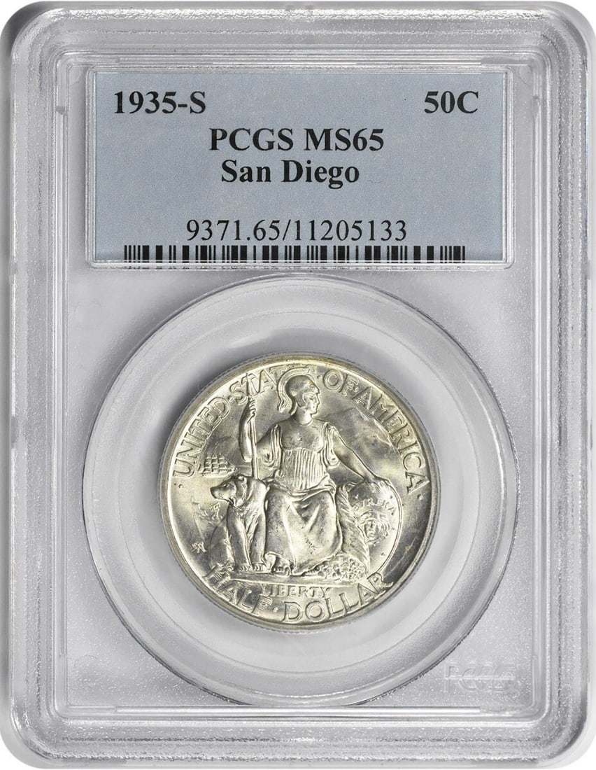 1935-S San Diego Commemorative Silver Half Dollar MS65 PCGS: 1935-S San Diego Commemorative Silver Half Dollar MS65 PCGS This stunning San Diego Commemorative Silver Half Dollar from 1935-S is graded MS65 by PCGS, ensuring its exceptional quality. It features a