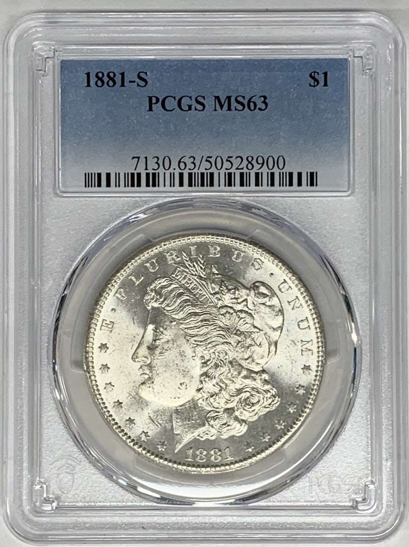 PCGS MS 63 1881-S Morgan Silver Dollar United States $1 Coin: PCGS MS 63 1881-S Morgan Silver Dollar United States $1 Coin This is an 1881-S Morgan Silver Dollar graded MS 63 by PCGS. The coin is uncirculated and composed of silver, originating from the United S