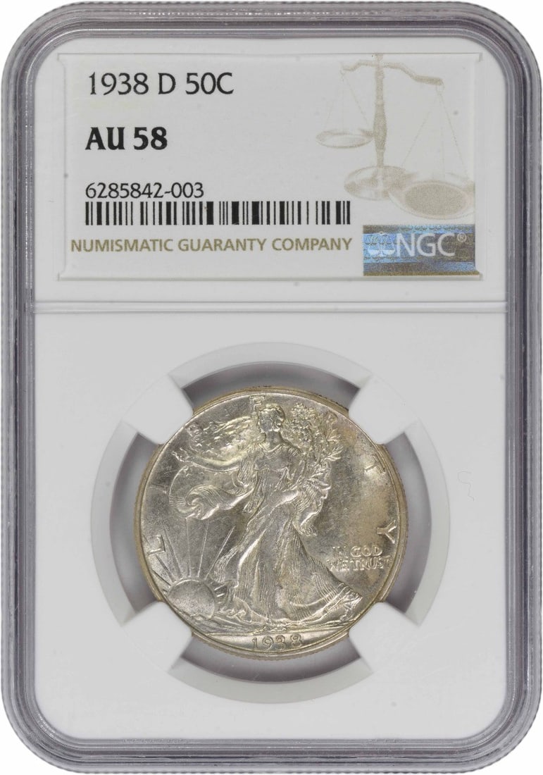 1938 Denver Liberty Walking Half Dollar NGC AU58 90 Percent Silver: 1938 Denver Liberty Walking Half Dollar NGC AU58 90 Percent Silver This 1938-D Walking Liberty Half Dollar is graded AU58 by NGC. Struck at the Denver Mint, this circulated coin features the classic W