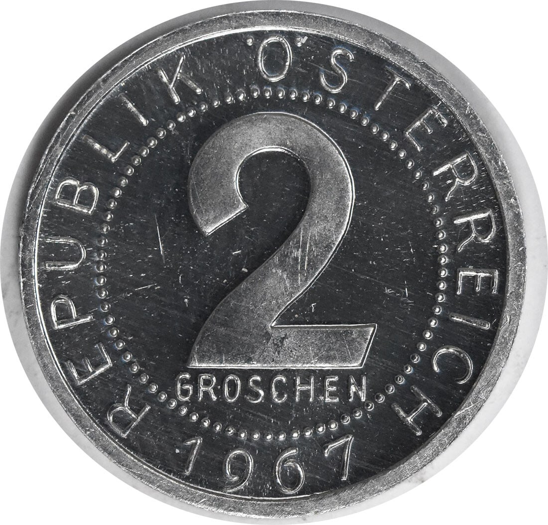1967 Austria 2 Groschen Proof Coin KM2876 Limited 13000 Minted: 1967 Austria 2 Groschen Proof Coin KM2876 Limited 13000 Minted This 1967 Austria 2 Groschen coin (KM2876) features a unique aluminum composition and is part of a limited mintage of only 13,000 coins. 