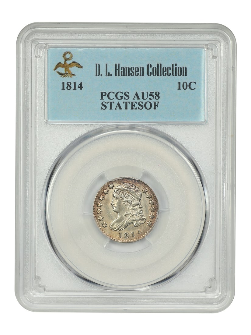 1814 Capped Bust Dime 10C PCGS AU58 Tangerine Lavender Tones: 1814 Capped Bust Dime 10C PCGS AU58 Tangerine Lavender Tones This 1814 Capped Bust Dime, certified by PCGS with an AU58 grade, showcases a striking historical piece from the Philadelphia mint. With a 