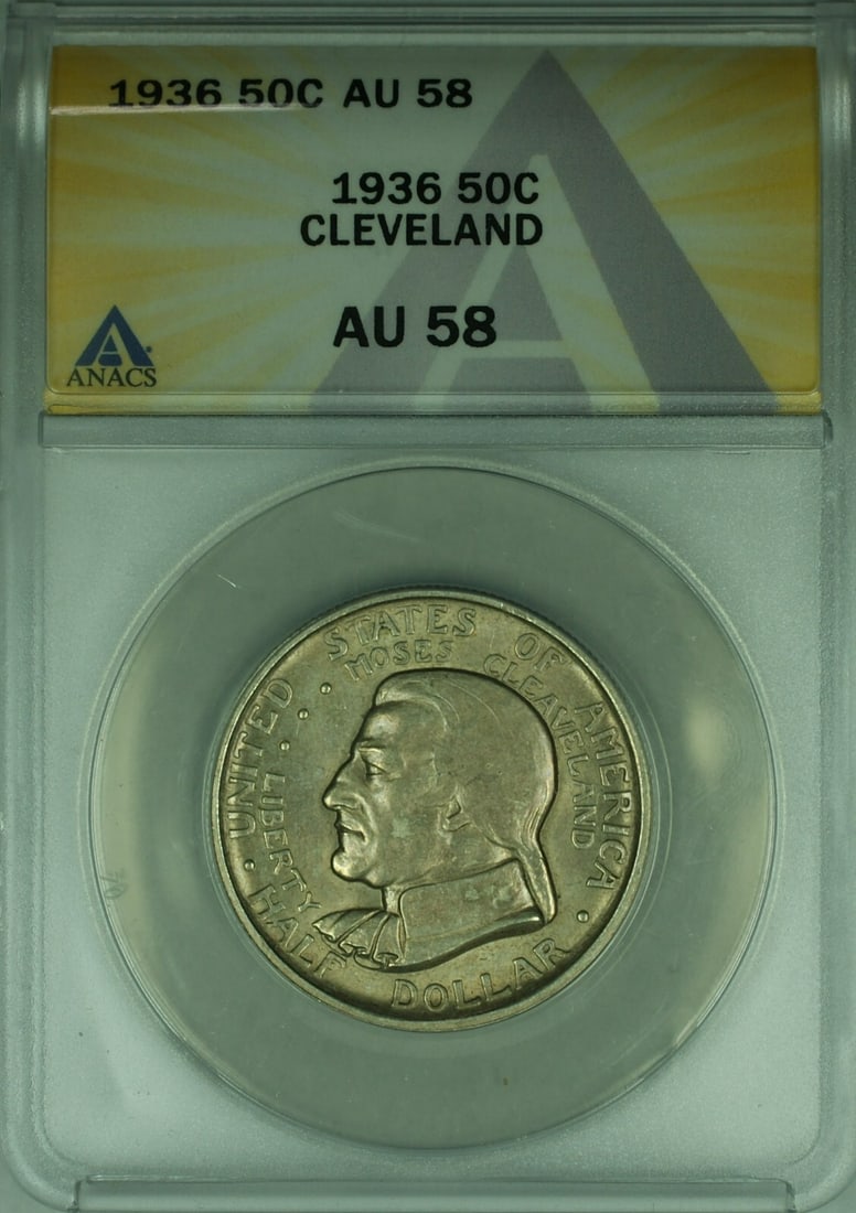ANACS AU-58 1936 Cleveland Silver Commemorative Half Dollar Coin: ANACS AU-58 1936 Cleveland Silver Commemorative Half Dollar Coin This 1936 Cleveland Centennial Commemorative Half Dollar is a silver coin issued by the United States Mint in Philadelphia. Certified b