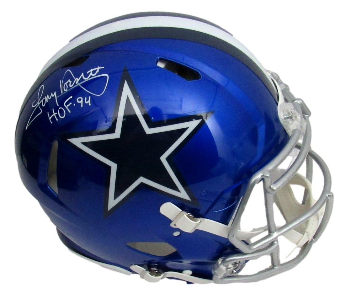 Tony Dorsett HOF Signed Dallas Cowboys Blue Flash Helmet PSA/DNA: Tony Dorsett HOF Signed Dallas Cowboys Blue Flash Helmet PSA/DNA This is a Tony Dorsett Hall of Fame Dallas Cowboys signed full-size blue flash authentic football helmet. The helmet features the inscr