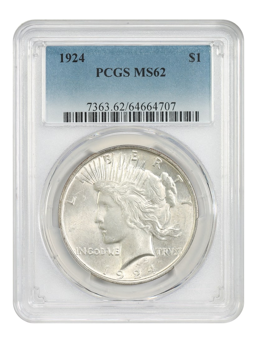 Peace Dollar 1924 Silver Dollar PCGS MS62 Philadelphia: Peace Dollar 1924 Silver Dollar PCGS MS62 Philadelphia This is a 1924 Peace Dollar graded MS62 by PCGS. The coin is uncirculated and was minted in Philadelphia. It is part of the Peace Dollar series a