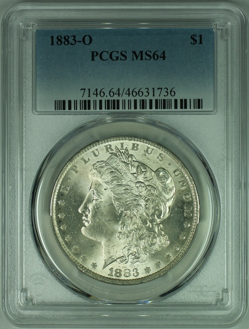 PCGS MS-64 1883-O Morgan Dollar Uncirculated Silver Coin: PCGS MS-64 1883-O Morgan Dollar Uncirculated Silver Coin This is an 1883-O Morgan Silver Dollar certified by PCGS with a grade of MS-64. Struck in New Orleans, this uncirculated coin features a compos