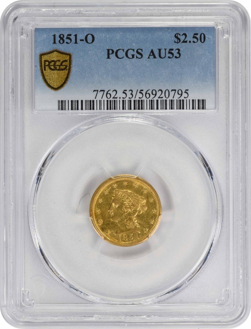1851-O $2.50 Gold Liberty Head AU53 PCGS Certified Coin: 1851-O $2.50 Gold Liberty Head AU53 PCGS Certified Coin This 1851-O $2.50 Gold Liberty Head coin is an exquisite piece of American numismatic history. Graded AU53 by PCGS, this coin is a testament to 