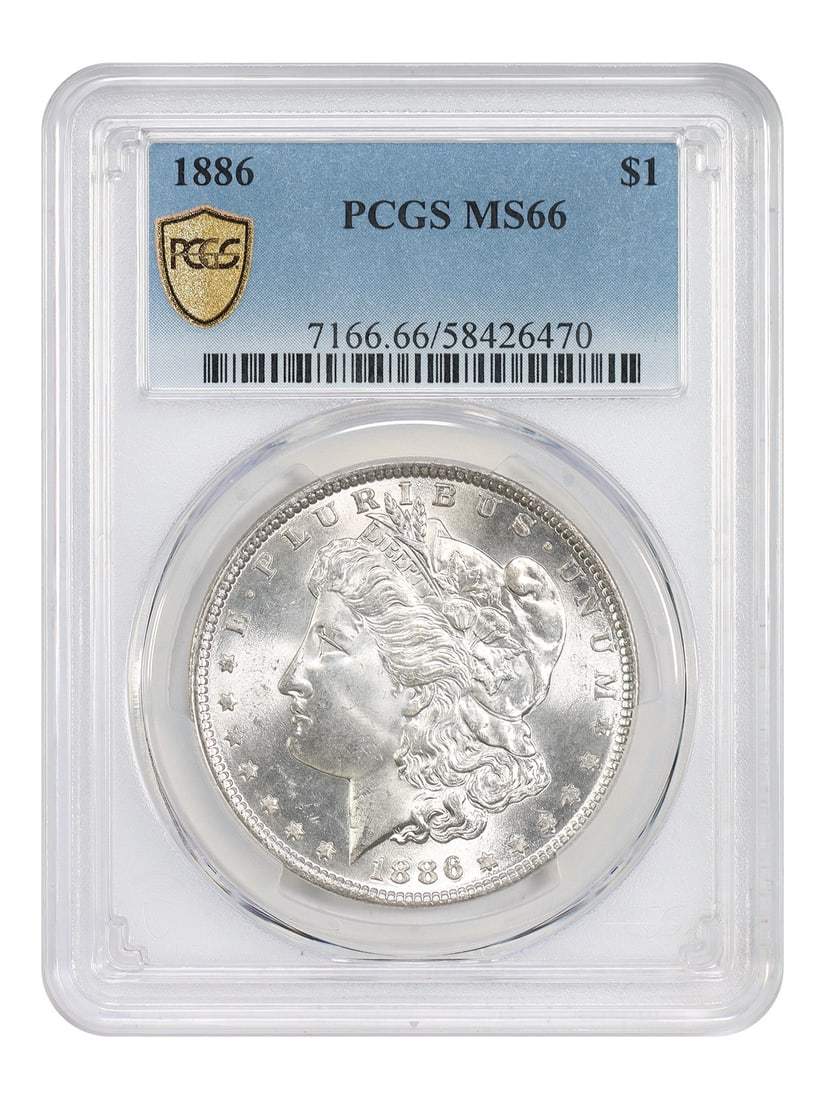 PCGS MS66 1886 Morgan Silver Dollar Philadelphia Mint: PCGS MS66 1886 Morgan Silver Dollar Philadelphia Mint This is an 1886 Morgan Dollar graded MS66 by PCGS. The coin is uncirculated and was minted in Philadelphia. It belongs to the Morgan Dollar series