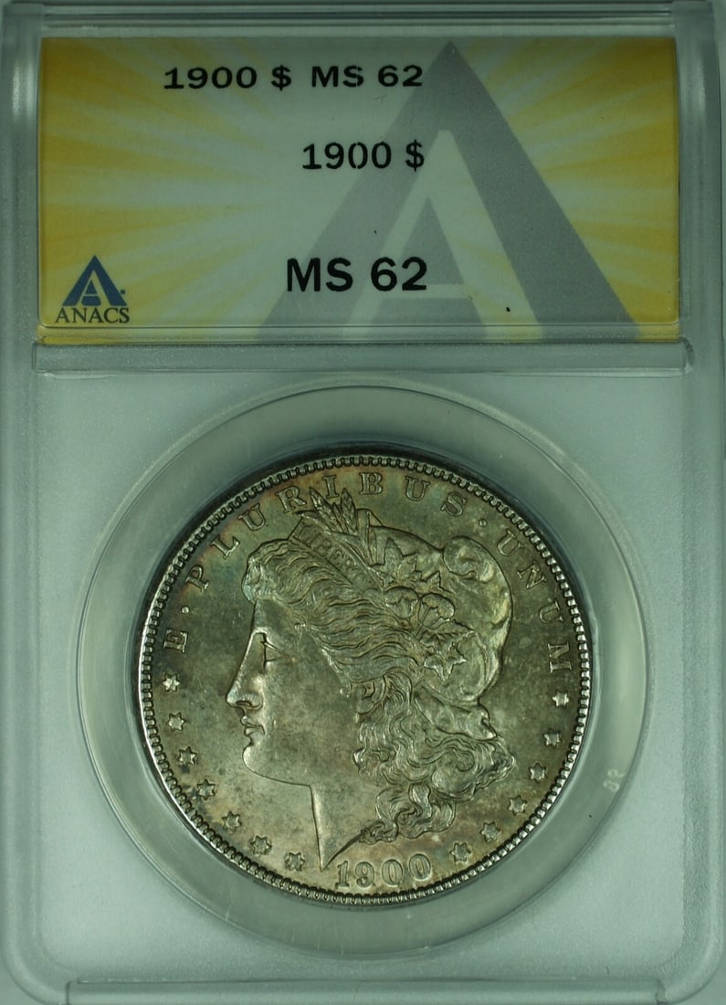 ANACS MS-62 1900 Morgan Silver Dollar with Attractive Toning: ANACS MS-62 1900 Morgan Silver Dollar with Attractive Toning This 1900 Morgan Silver Dollar features a beautiful natural toning and has been graded MS-62 by ANACS. Struck at the Philadelphia Mint, the