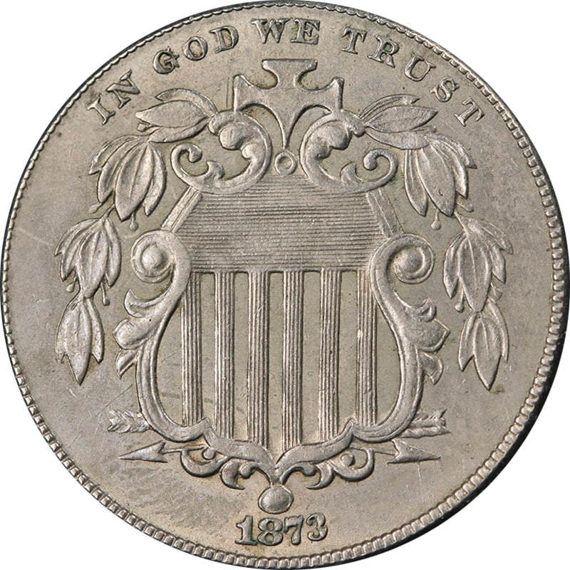 Uncirculated 1873 United States Shield Nickel Open 3 Variety: Uncirculated 1873 United States Shield Nickel Open 3 Variety This is an original 1873 Shield Nickel featuring the 'Open 3' variety. The coin is uncirculated with attractive luster, strong strike, and 
